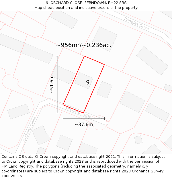 9, ORCHARD CLOSE, FERNDOWN, BH22 8BS: Plot and title map