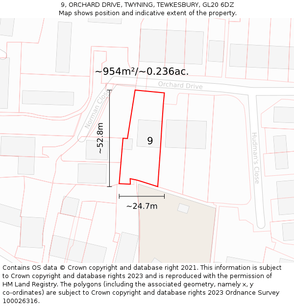 9, ORCHARD DRIVE, TWYNING, TEWKESBURY, GL20 6DZ: Plot and title map