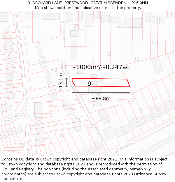 9, ORCHARD LANE, PRESTWOOD, GREAT MISSENDEN, HP16 0NN: Plot and title map