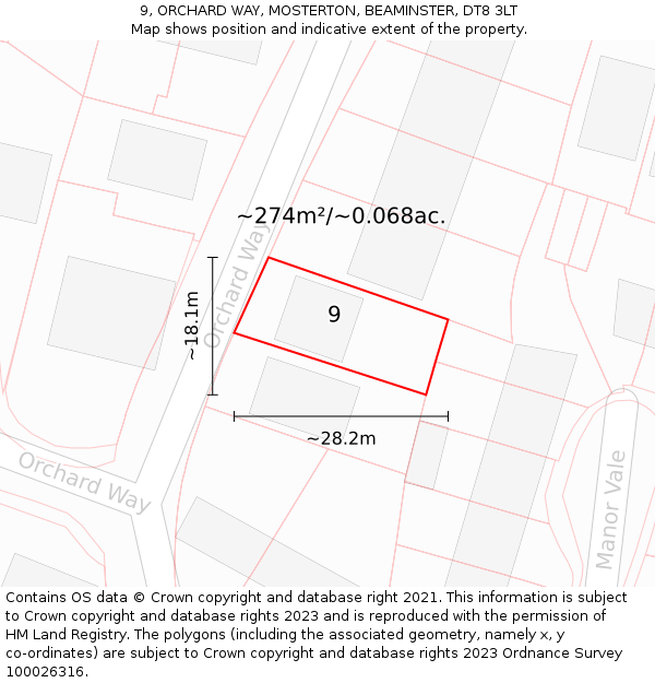 9, ORCHARD WAY, MOSTERTON, BEAMINSTER, DT8 3LT: Plot and title map