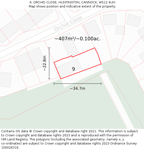 9, ORCHID CLOSE, HUNTINGTON, CANNOCK, WS12 4UH: Plot and title map