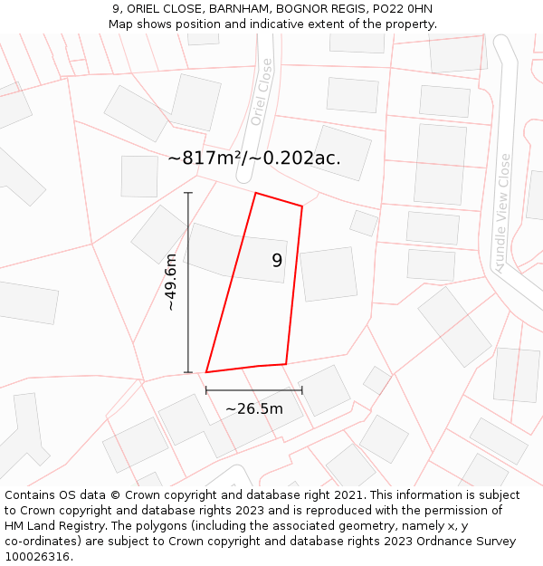 9, ORIEL CLOSE, BARNHAM, BOGNOR REGIS, PO22 0HN: Plot and title map