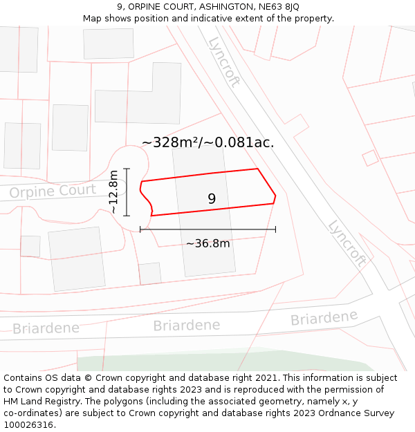 9, ORPINE COURT, ASHINGTON, NE63 8JQ: Plot and title map