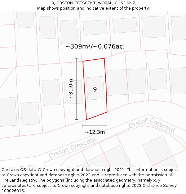 9, ORSTON CRESCENT, WIRRAL, CH63 9NZ: Plot and title map