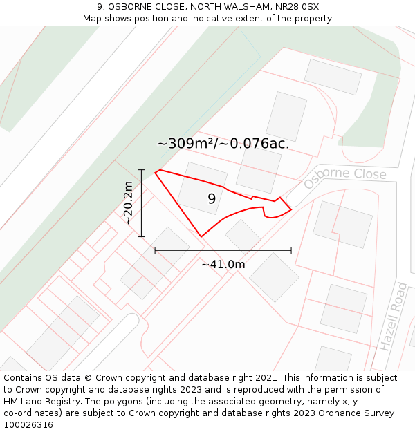 9, OSBORNE CLOSE, NORTH WALSHAM, NR28 0SX: Plot and title map