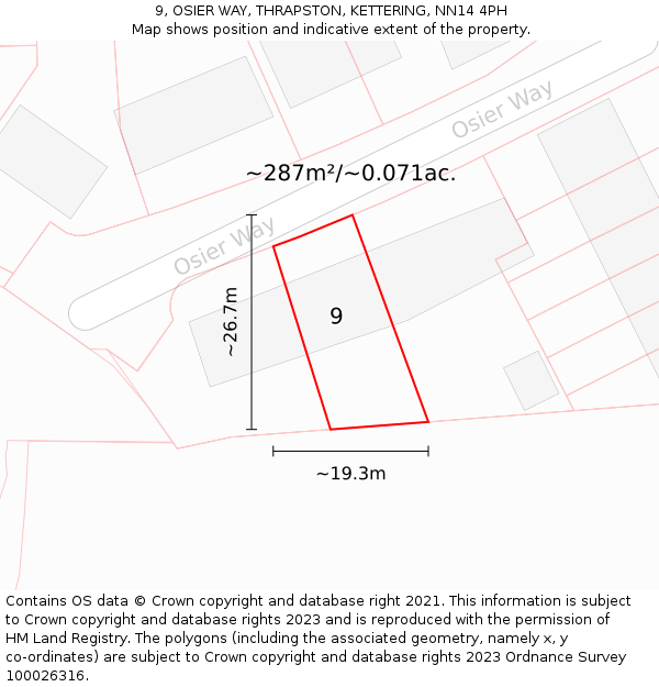 9, OSIER WAY, THRAPSTON, KETTERING, NN14 4PH: Plot and title map