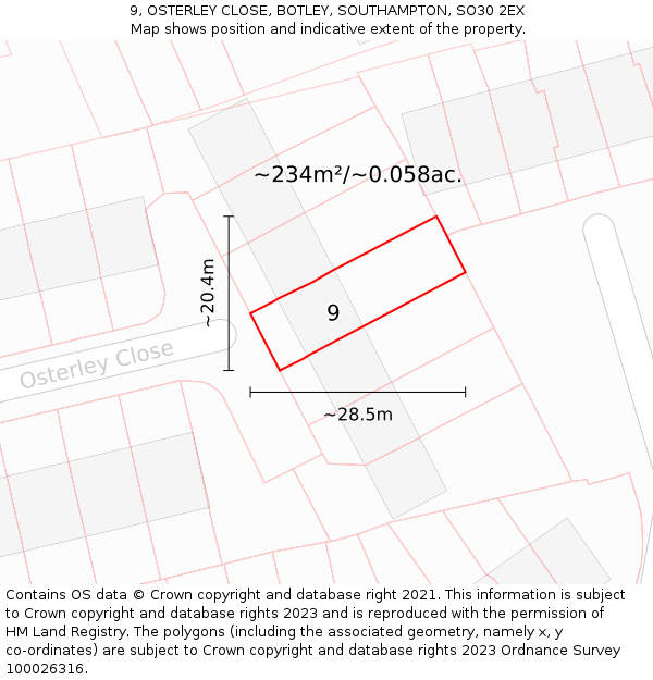 9, OSTERLEY CLOSE, BOTLEY, SOUTHAMPTON, SO30 2EX: Plot and title map