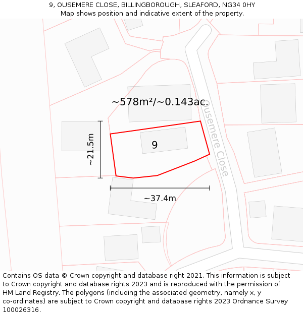 9, OUSEMERE CLOSE, BILLINGBOROUGH, SLEAFORD, NG34 0HY: Plot and title map