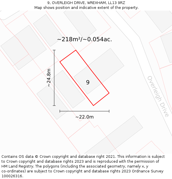 9, OVERLEIGH DRIVE, WREXHAM, LL13 9RZ: Plot and title map