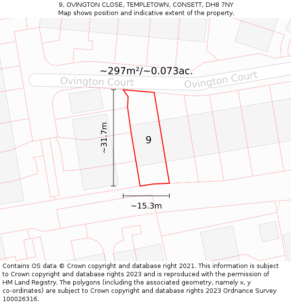 9, OVINGTON CLOSE, TEMPLETOWN, CONSETT, DH8 7NY: Plot and title map