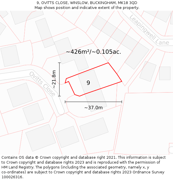 9, OVITTS CLOSE, WINSLOW, BUCKINGHAM, MK18 3QD: Plot and title map