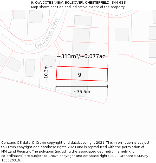 9, OWLCOTES VIEW, BOLSOVER, CHESTERFIELD, S44 6SS: Plot and title map