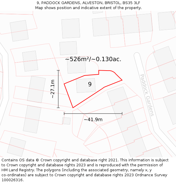 9, PADDOCK GARDENS, ALVESTON, BRISTOL, BS35 3LF: Plot and title map