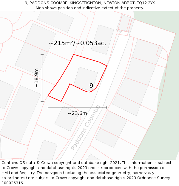 9, PADDONS COOMBE, KINGSTEIGNTON, NEWTON ABBOT, TQ12 3YX: Plot and title map