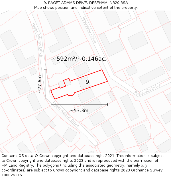 9, PAGET ADAMS DRIVE, DEREHAM, NR20 3SA: Plot and title map