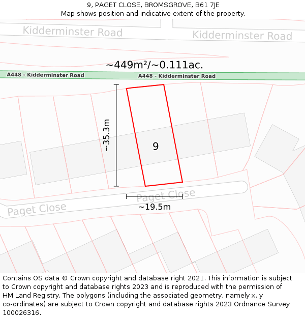 9, PAGET CLOSE, BROMSGROVE, B61 7JE: Plot and title map