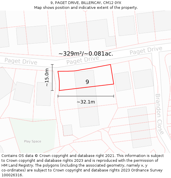 9, PAGET DRIVE, BILLERICAY, CM12 0YX: Plot and title map