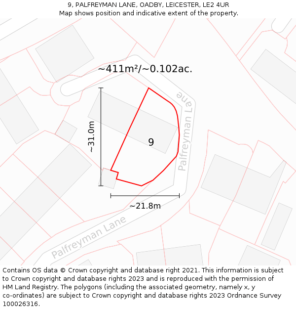 9, PALFREYMAN LANE, OADBY, LEICESTER, LE2 4UR: Plot and title map