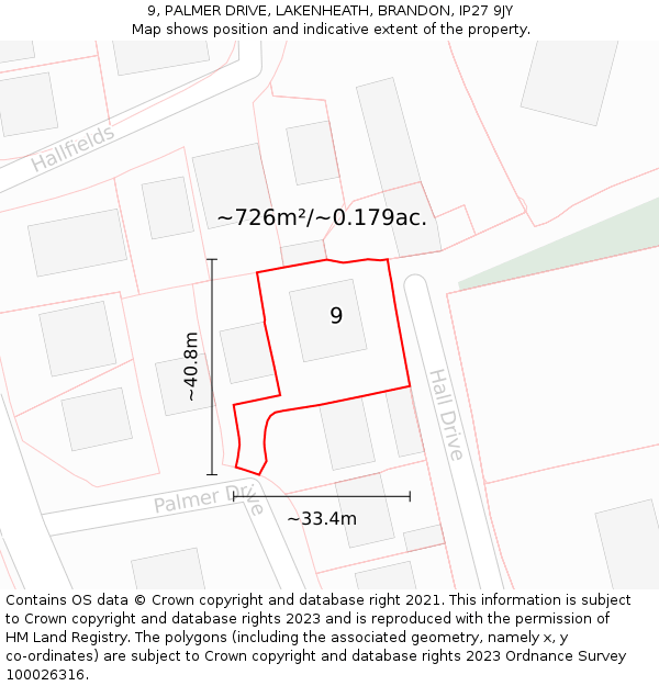 9, PALMER DRIVE, LAKENHEATH, BRANDON, IP27 9JY: Plot and title map