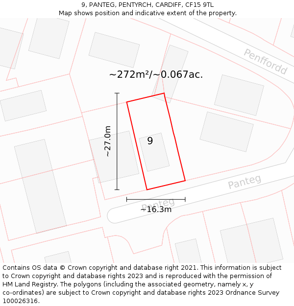 9, PANTEG, PENTYRCH, CARDIFF, CF15 9TL: Plot and title map