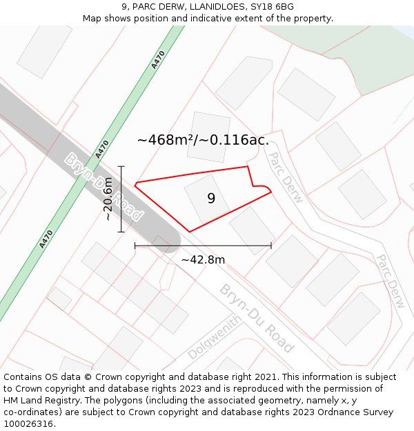 9, PARC DERW, LLANIDLOES, SY18 6BG: Plot and title map