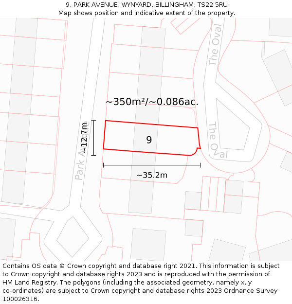 9, PARK AVENUE, WYNYARD, BILLINGHAM, TS22 5RU: Plot and title map