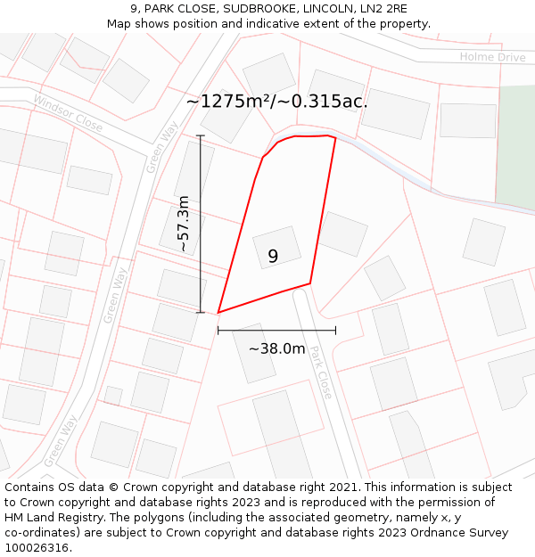 9, PARK CLOSE, SUDBROOKE, LINCOLN, LN2 2RE: Plot and title map