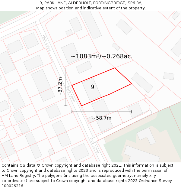 9, PARK LANE, ALDERHOLT, FORDINGBRIDGE, SP6 3AJ: Plot and title map