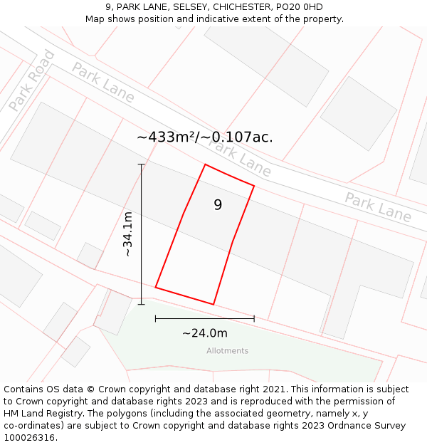 9, PARK LANE, SELSEY, CHICHESTER, PO20 0HD: Plot and title map