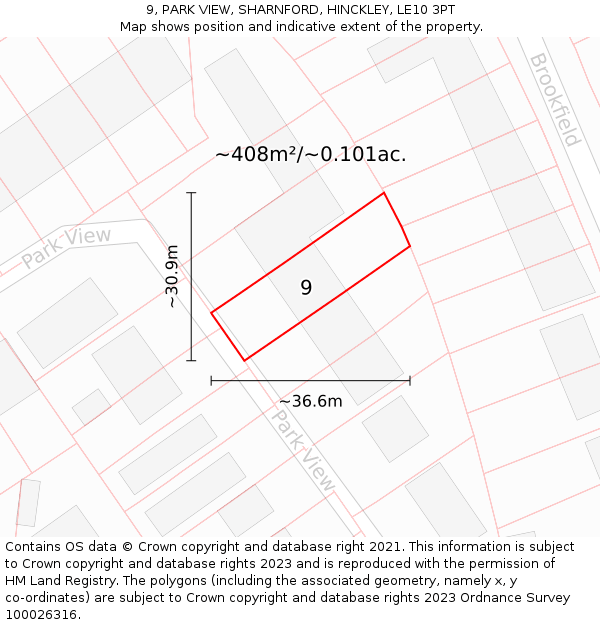 9, PARK VIEW, SHARNFORD, HINCKLEY, LE10 3PT: Plot and title map