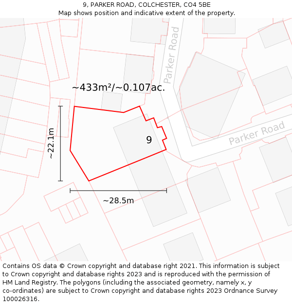 9, PARKER ROAD, COLCHESTER, CO4 5BE: Plot and title map