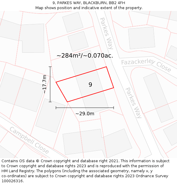 9, PARKES WAY, BLACKBURN, BB2 4FH: Plot and title map