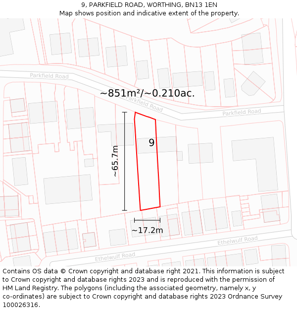 9, PARKFIELD ROAD, WORTHING, BN13 1EN: Plot and title map
