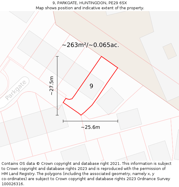 9, PARKGATE, HUNTINGDON, PE29 6SX: Plot and title map