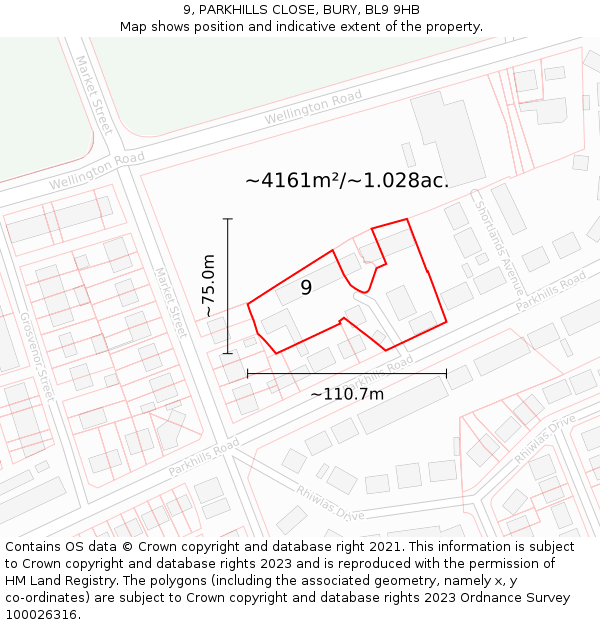 9, PARKHILLS CLOSE, BURY, BL9 9HB: Plot and title map