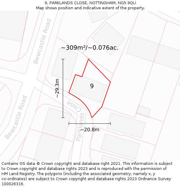 9, PARKLANDS CLOSE, NOTTINGHAM, NG5 9QU: Plot and title map