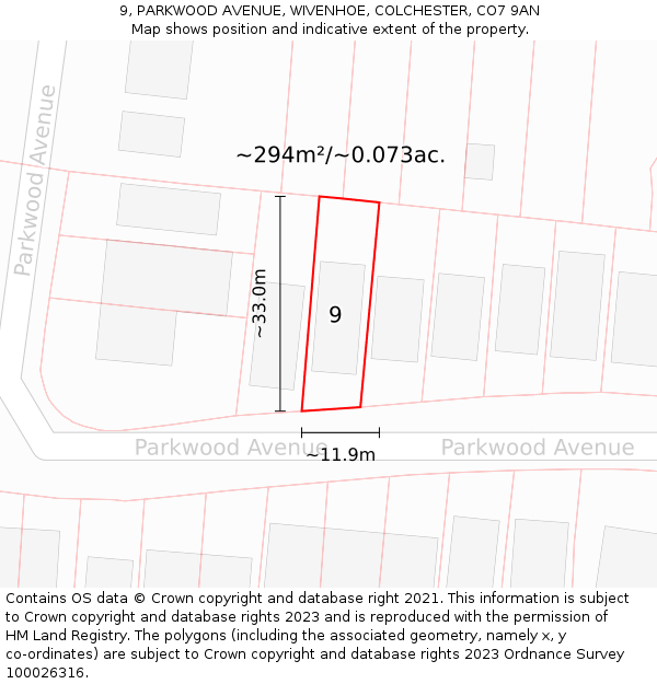 9, PARKWOOD AVENUE, WIVENHOE, COLCHESTER, CO7 9AN: Plot and title map