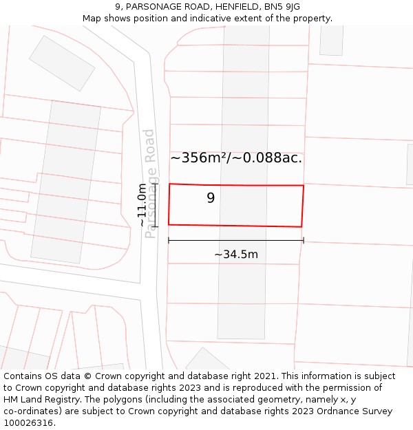 9, PARSONAGE ROAD, HENFIELD, BN5 9JG: Plot and title map