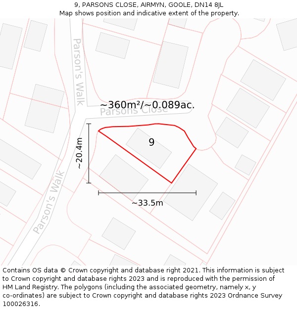 9, PARSONS CLOSE, AIRMYN, GOOLE, DN14 8JL: Plot and title map