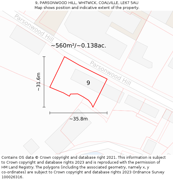 9, PARSONWOOD HILL, WHITWICK, COALVILLE, LE67 5AU: Plot and title map