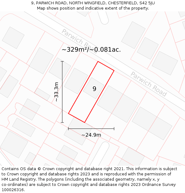 9, PARWICH ROAD, NORTH WINGFIELD, CHESTERFIELD, S42 5JU: Plot and title map