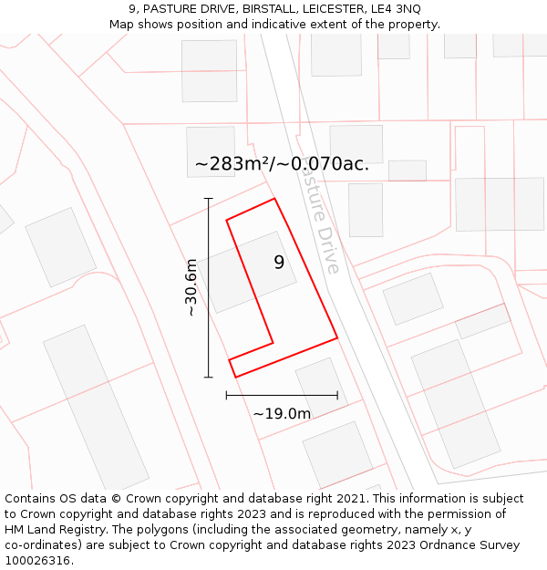 9, PASTURE DRIVE, BIRSTALL, LEICESTER, LE4 3NQ: Plot and title map