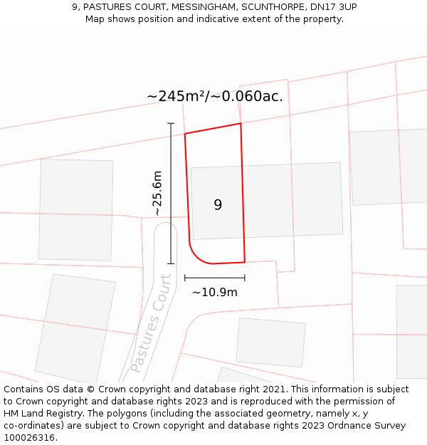 9, PASTURES COURT, MESSINGHAM, SCUNTHORPE, DN17 3UP: Plot and title map