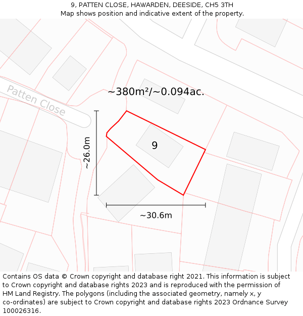 9, PATTEN CLOSE, HAWARDEN, DEESIDE, CH5 3TH: Plot and title map