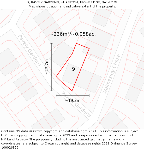 9, PAVELY GARDENS, HILPERTON, TROWBRIDGE, BA14 7LW: Plot and title map