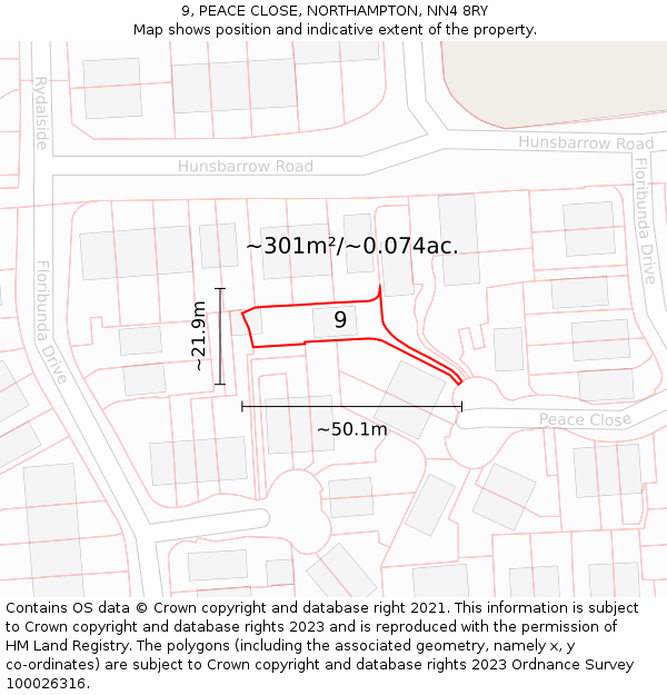 9, PEACE CLOSE, NORTHAMPTON, NN4 8RY: Plot and title map