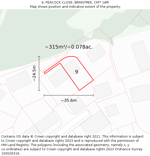 9, PEACOCK CLOSE, BRAINTREE, CM7 1WR: Plot and title map