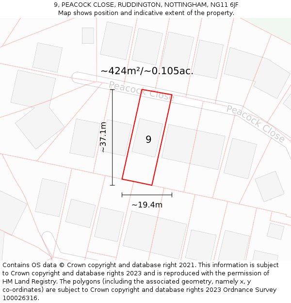 9, PEACOCK CLOSE, RUDDINGTON, NOTTINGHAM, NG11 6JF: Plot and title map