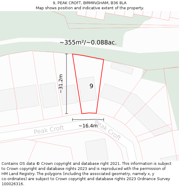 9, PEAK CROFT, BIRMINGHAM, B36 8LA: Plot and title map