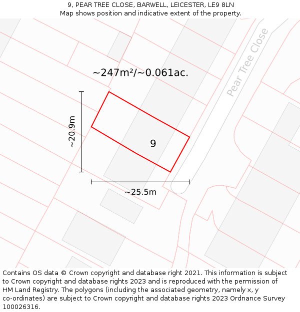 9, PEAR TREE CLOSE, BARWELL, LEICESTER, LE9 8LN: Plot and title map